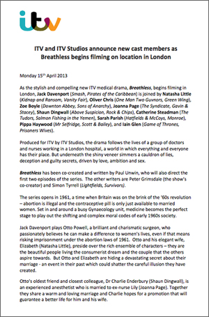 ITV announce new cast members for Breathless